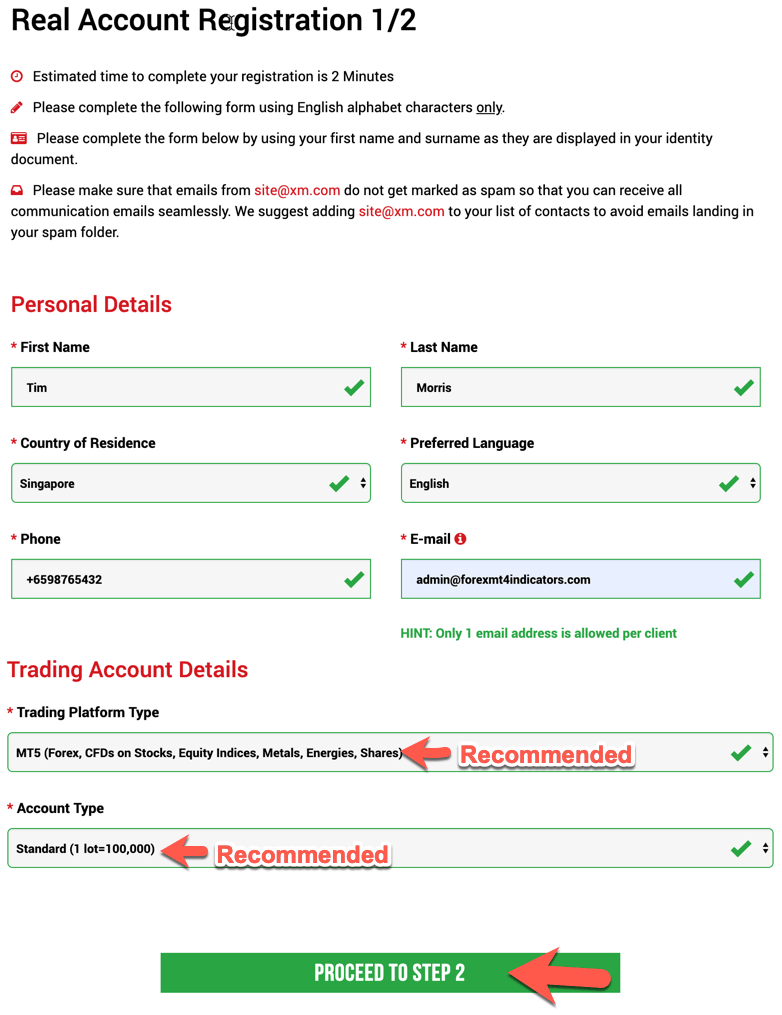 XM Account Opening step 2